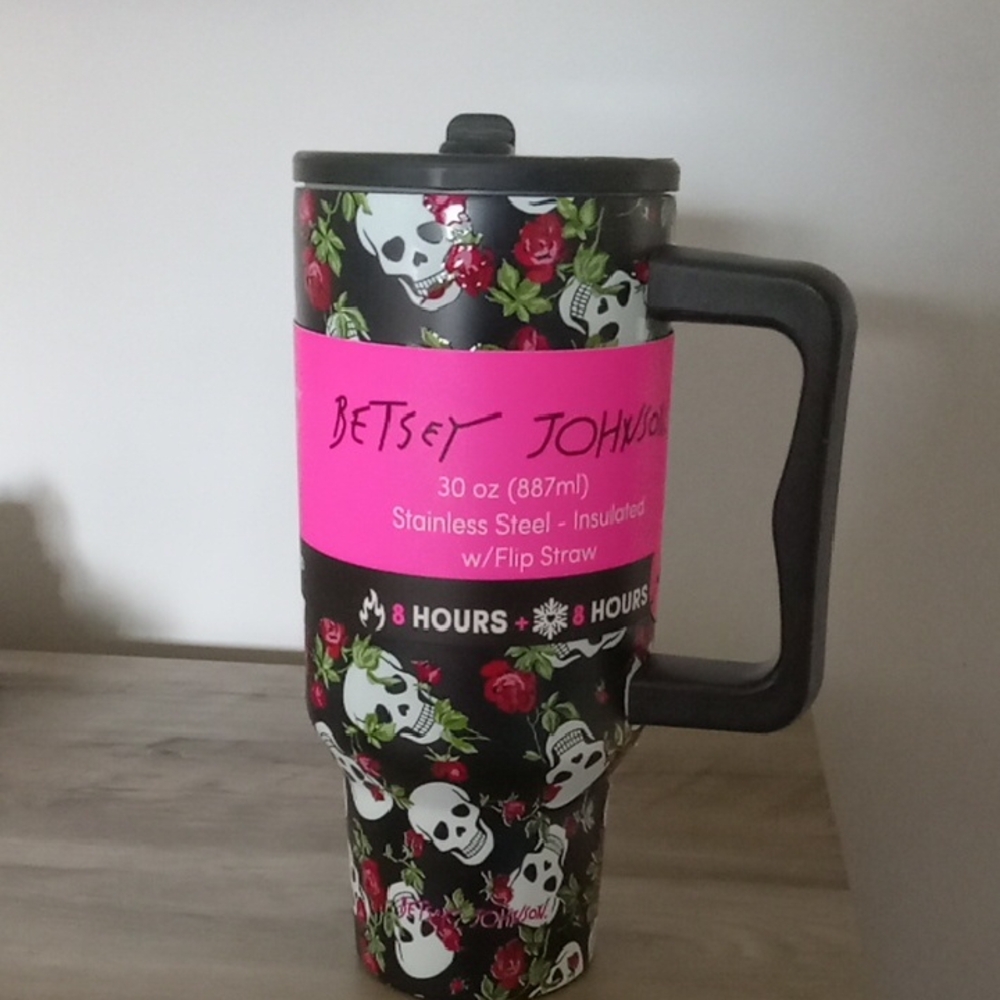 Betsey Johnson Black Skull & Rose Stainless Steel Travel Mug